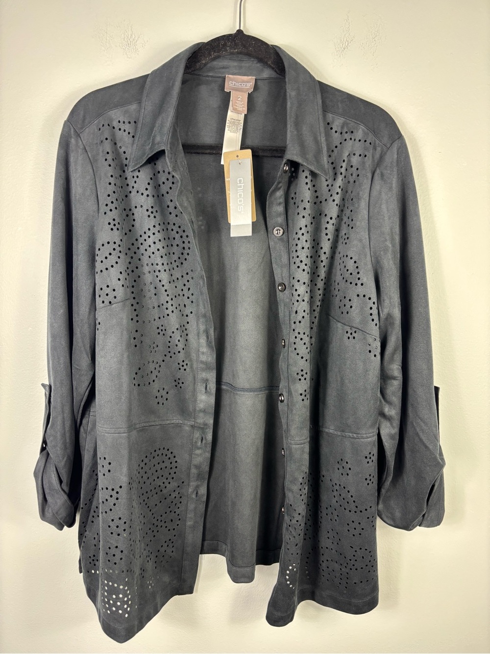 NWT Chico’s Faux Suede Easy Jacket Graphite Gray Laser Cut Perforations Sz 2 - Picture 2 of 7